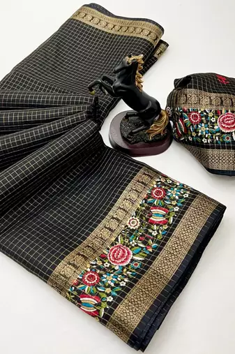 Black spice silk saree with zari border, check design & floral pallu