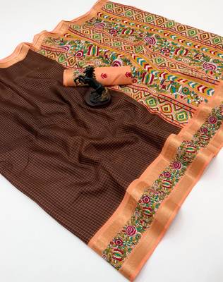 Brown spice silk saree with zari border, check design & floral pallu 1