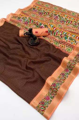 Brown spice silk saree with zari border, check design & floral pallu