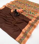 Brown spice silk saree with zari border, check design & floral pallu