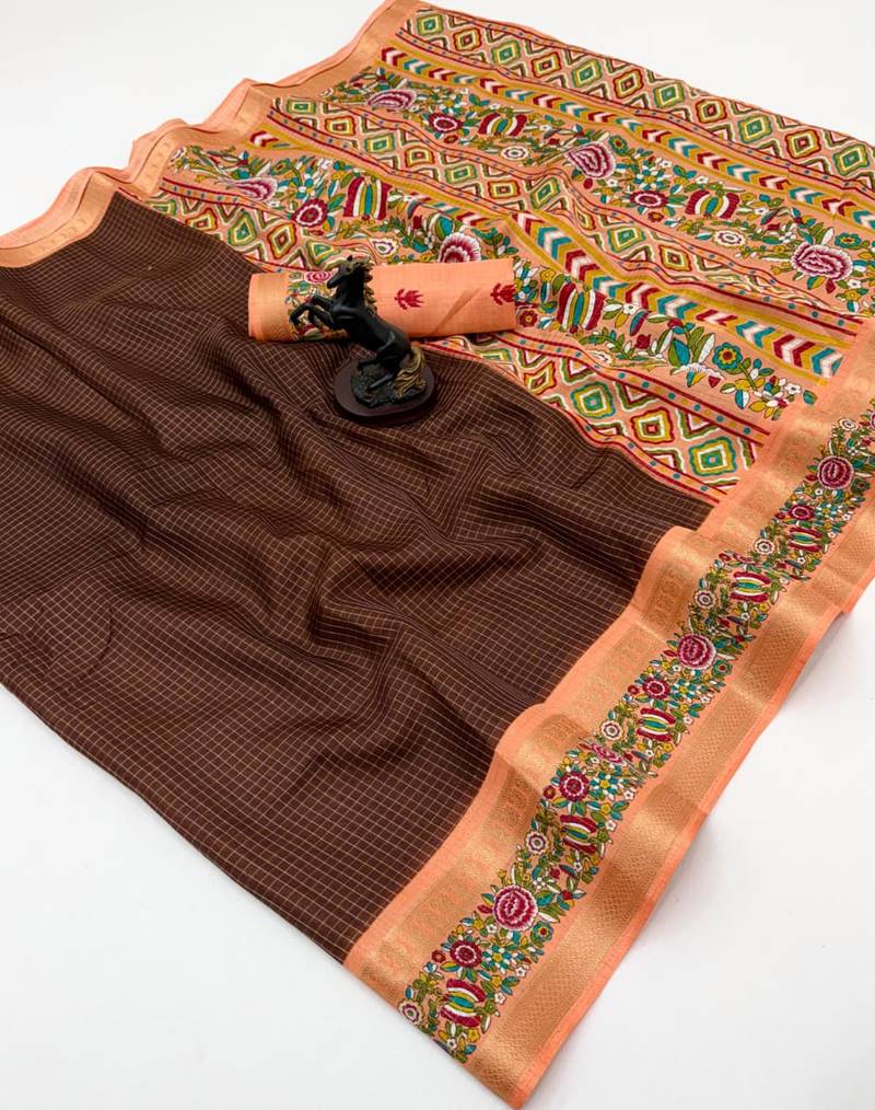 Brown spice silk saree with zari border, check design & floral pallu