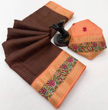 Brown spice silk saree with zari border, check design & floral pallu 2
