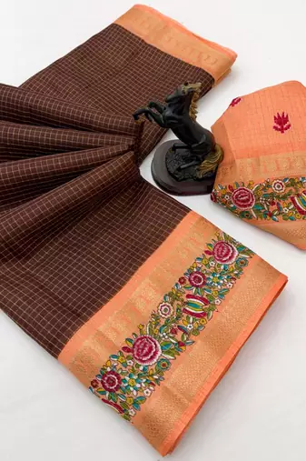 Brown spice silk saree with zari border, check design & floral pallu