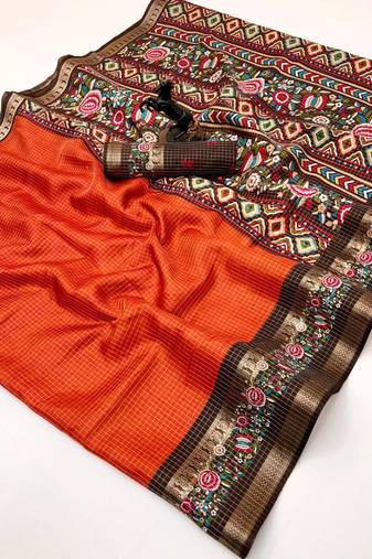 Orange spice silk saree with zari border, check design & floral pallu