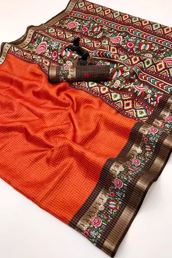 Orange spice silk saree with zari border, check design & floral pallu