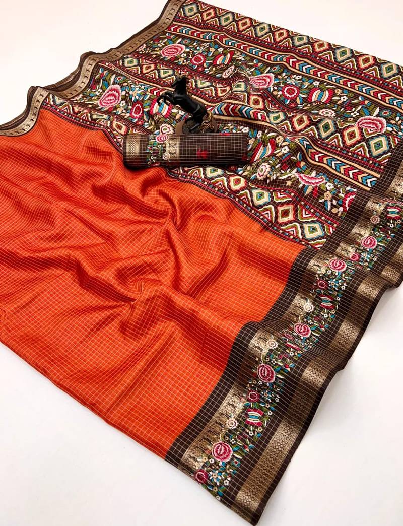 Orange spice silk saree with zari border, check design & floral pallu