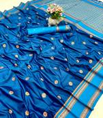 Rama green soft silk saree with dual zari motifs, narayan border & contrast pallu