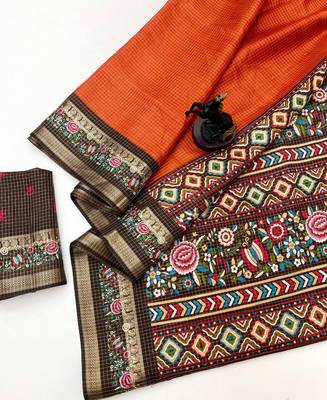 Orange spice silk saree with zari border, check design & floral pallu 2