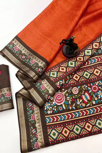 Orange spice silk saree with zari border, check design & floral pallu