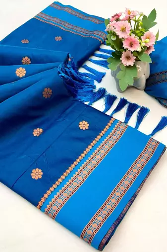 Rama green soft silk saree with dual zari motifs, narayan border & contrast pallu