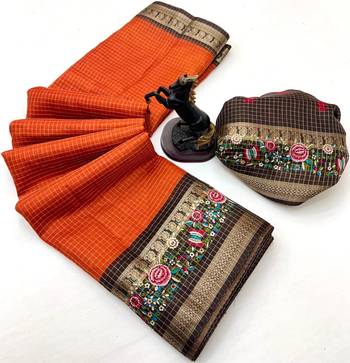 Orange spice silk saree with zari border, check design & floral pallu 3