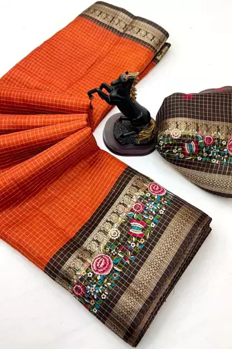 Orange spice silk saree with zari border, check design & floral pallu