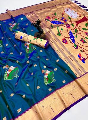 Rama green soft silk pichwai paithani saree with lotus butta & double muniya border 1
