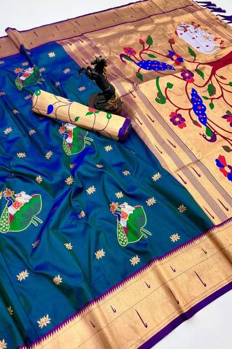 Rama green soft silk pichwai paithani saree with lotus butta & double muniya border