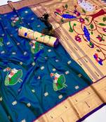 Rama green soft silk pichwai paithani saree with lotus butta & double muniya border