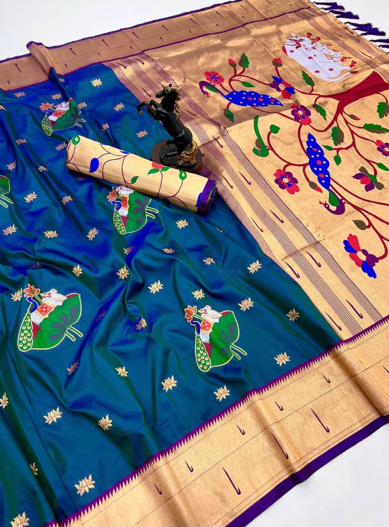 Rama green soft silk pichwai paithani saree with lotus butta & double muniya border