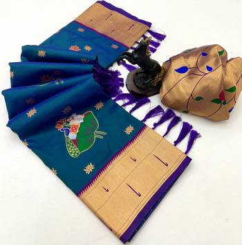 Rama green soft silk pichwai paithani saree with lotus butta & double muniya border 2