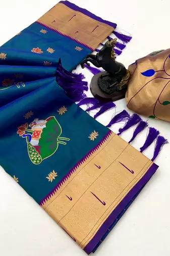 Rama green soft silk pichwai paithani saree with lotus butta & double muniya border