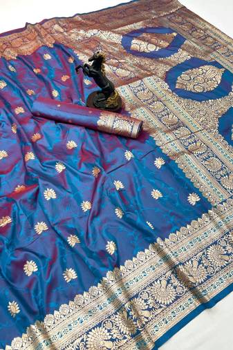 Rama green banarasi silk saree with zari embossed jal design & rich pallu