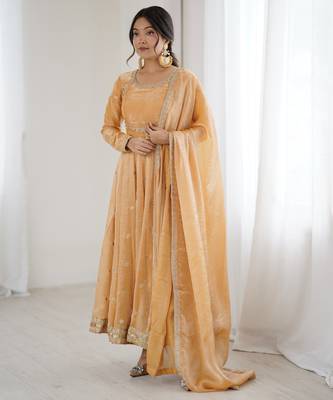 Beige Fandy Silk Anarkali Gown Set with Cording & Sequence Work 1