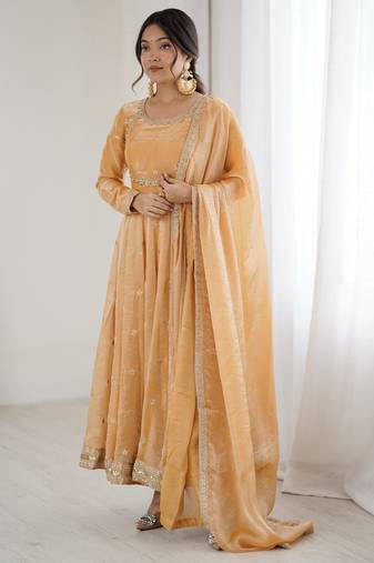 Beige Fandy Silk Anarkali Gown Set with Cording & Sequence Work