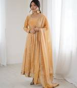 Beige Fandy Silk Anarkali Gown Set with Cording & Sequence Work