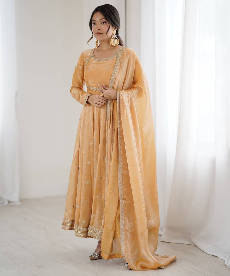 Beige Fandy Silk Anarkali Gown Set with Cording & Sequence Work