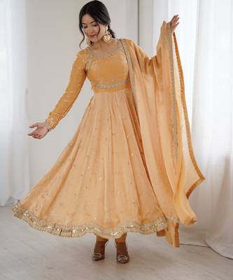 Beige Fandy Silk Anarkali Gown Set with Cording & Sequence Work 2