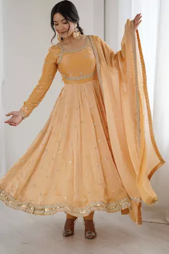 Beige Fandy Silk Anarkali Gown Set with Cording & Sequence Work
