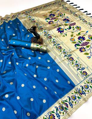 Rama green soft silk paithani saree with peacock meena zari border & rich pallu 1