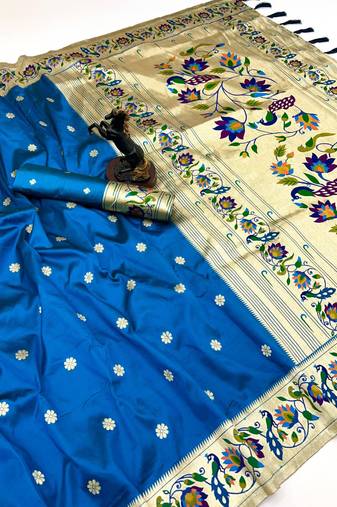 Rama green soft silk paithani saree with peacock meena zari border & rich pallu