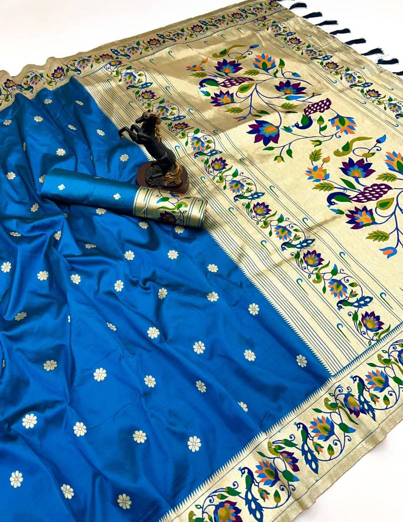 Rama green soft silk paithani saree with peacock meena zari border & rich pallu