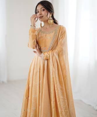Beige Fandy Silk Anarkali Gown Set with Cording & Sequence Work 3