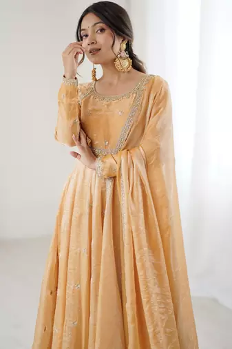 Beige Fandy Silk Anarkali Gown Set with Cording & Sequence Work