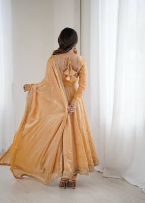 Beige Fandy Silk Anarkali Gown Set with Cording & Sequence Work 4