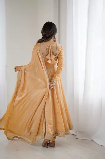 Beige Fandy Silk Anarkali Gown Set with Cording & Sequence Work