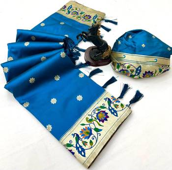 Rama green soft silk paithani saree with peacock meena zari border & rich pallu 2