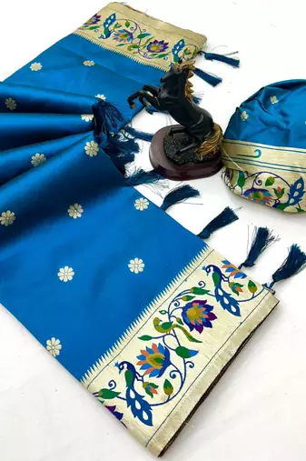 Rama green soft silk paithani saree with peacock meena zari border & rich pallu