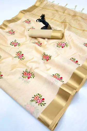 Cream kerala kasavu tissue saree with floral embroidery & zari border