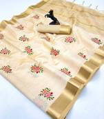 Cream kerala kasavu tissue saree with floral embroidery & zari border