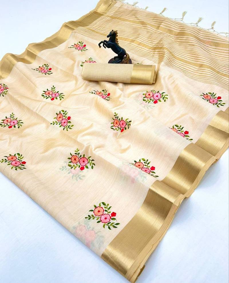 Cream kerala kasavu tissue saree with floral embroidery & zari border