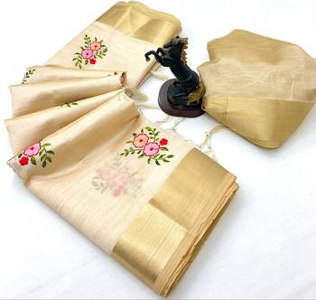 Cream kerala kasavu tissue saree with floral embroidery & zari border 2