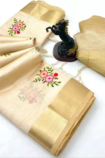 Cream kerala kasavu tissue saree with floral embroidery & zari border
