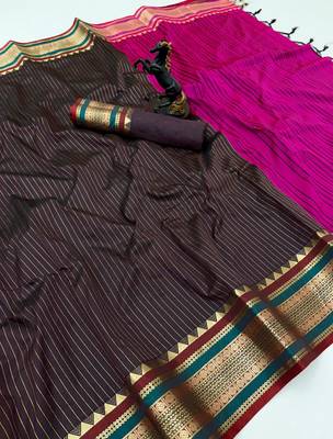 Brown munga silk saree with zari stripe design & designer border 1
