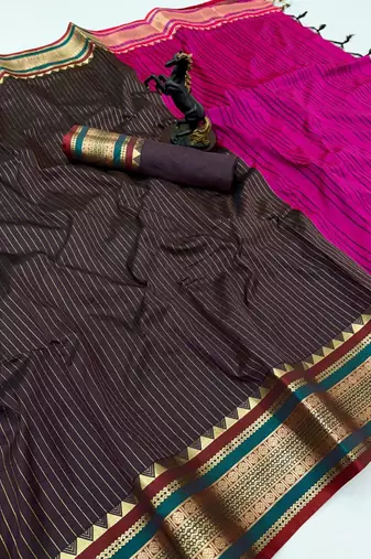 Brown munga silk saree with zari stripe design & designer border