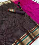 Brown munga silk saree with zari stripe design & designer border