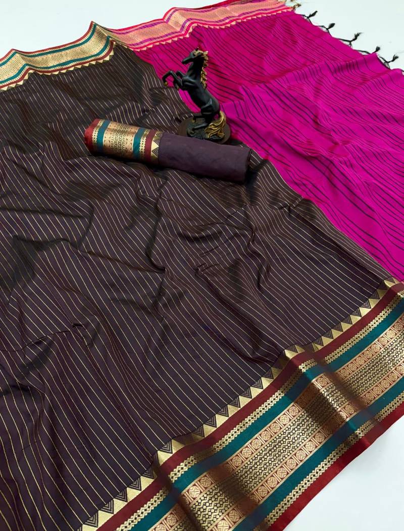 Brown munga silk saree with zari stripe design & designer border