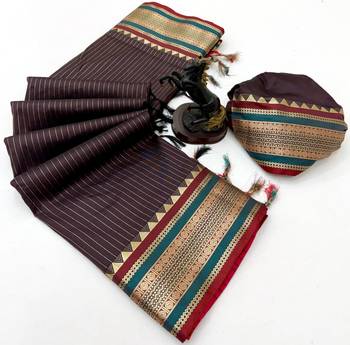 Brown munga silk saree with zari stripe design & designer border 2