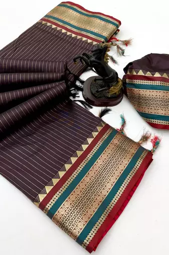 Brown munga silk saree with zari stripe design & designer border