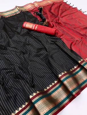 Black munga silk saree with zari stripe design & designer border 1